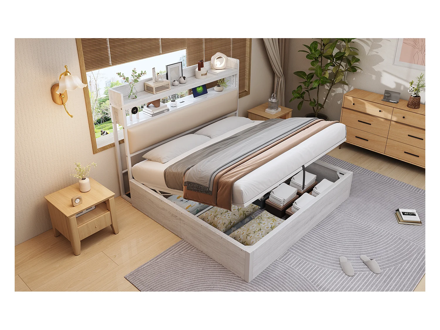 Lit Double Rembourré avec USB, avec espace de rangement, 180 x 200 cm, Sommier à Lattes, Blanc