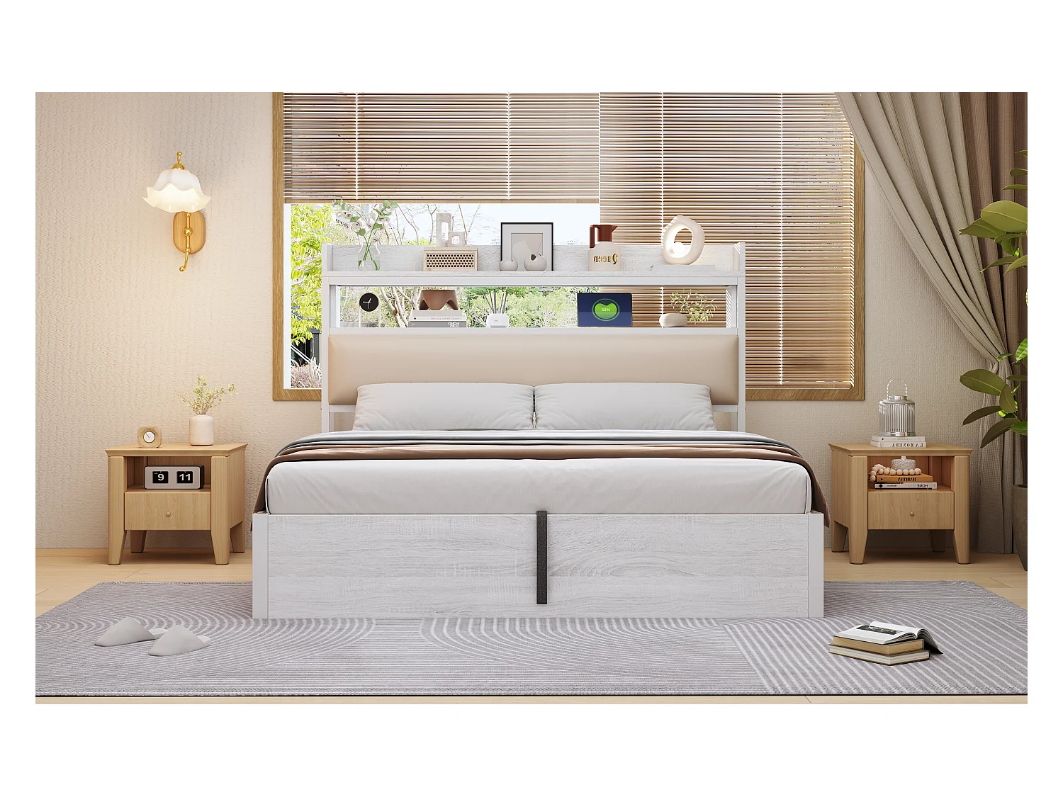 Lit Double Rembourré avec USB, avec espace de rangement, 180 x 200 cm, Sommier à Lattes, Blanc