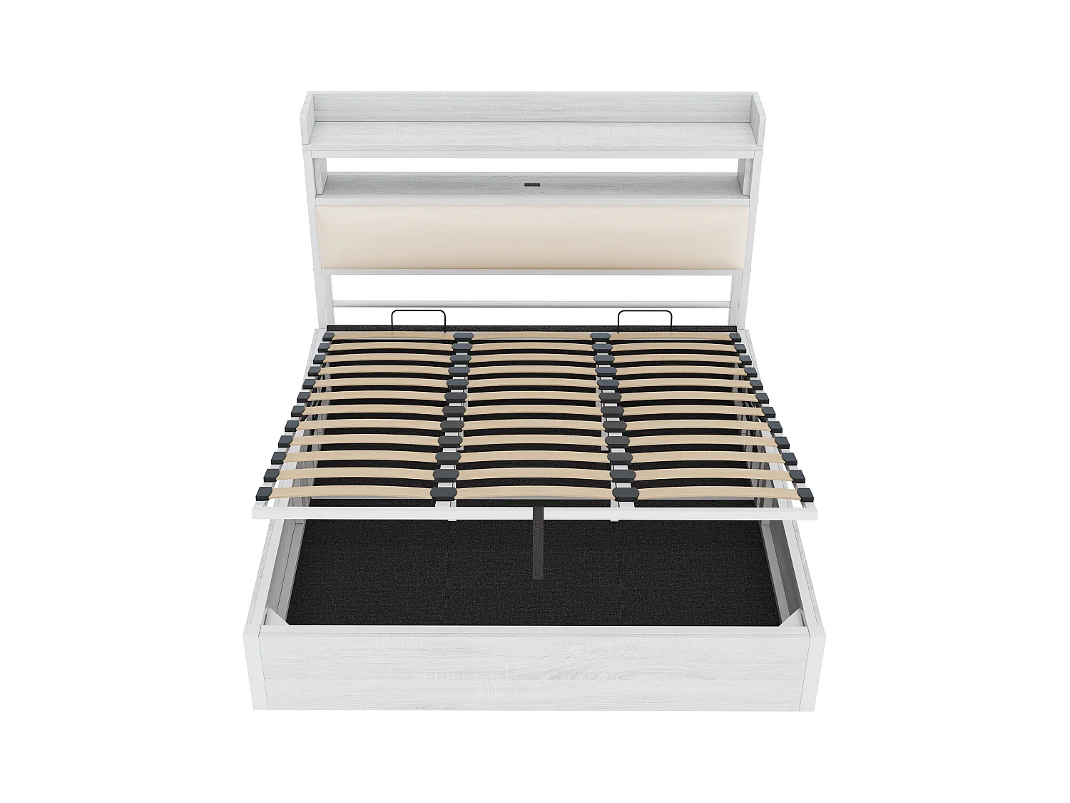 Lit Double Rembourré avec USB, avec espace de rangement, 180 x 200 cm, Sommier à Lattes, Blanc