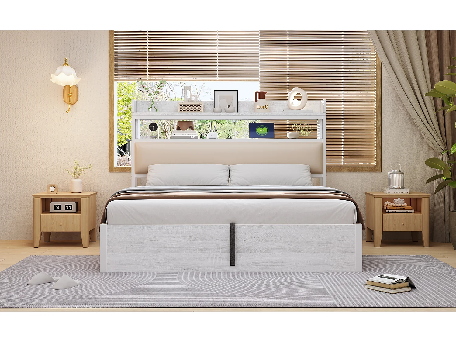 Lit Double Rembourré avec USB, avec espace de rangement, 180 x 200 cm, Sommier à Lattes, Blanc