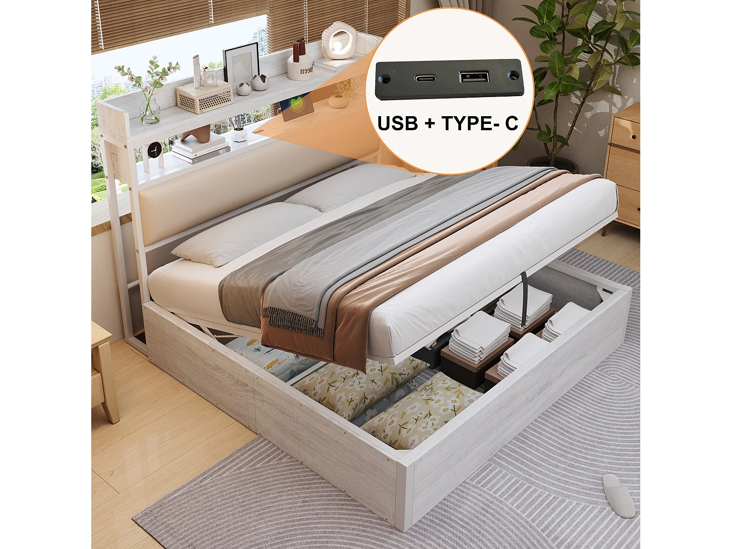 Lit Double Rembourré avec USB, avec espace de rangement, 180 x 200 cm, Sommier à Lattes, Blanc