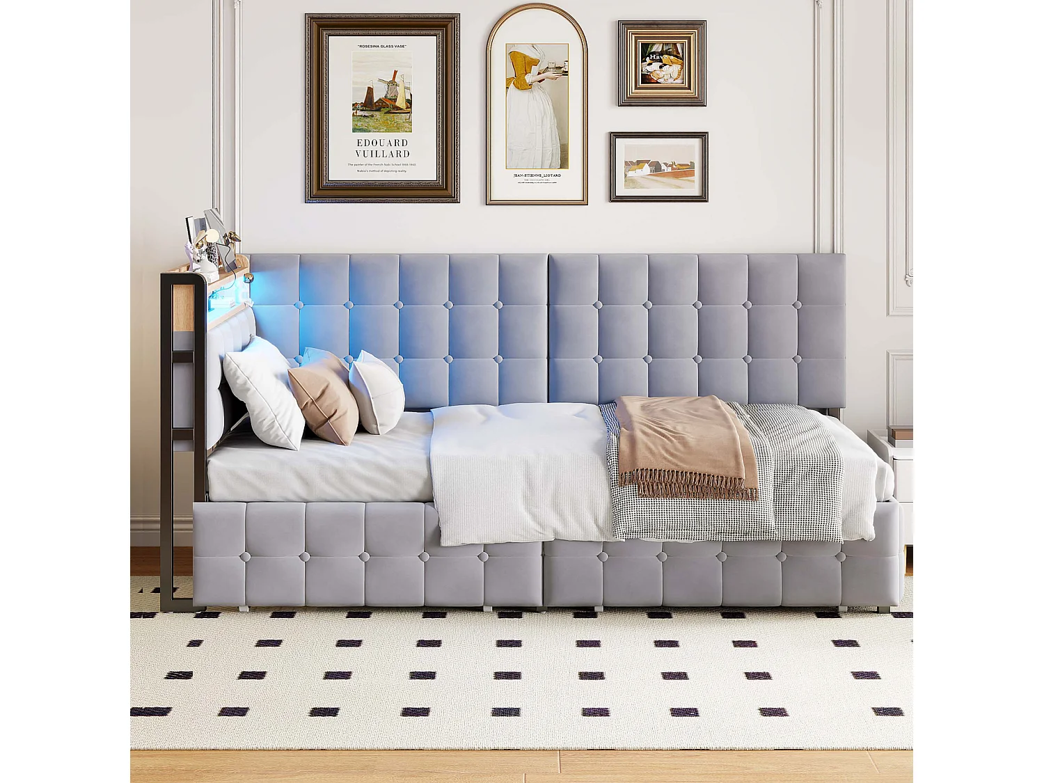 Divano letto trasformabile 90x200 cm con cassetti portaoggetti, con LED e porte USB/USB-C, grigio