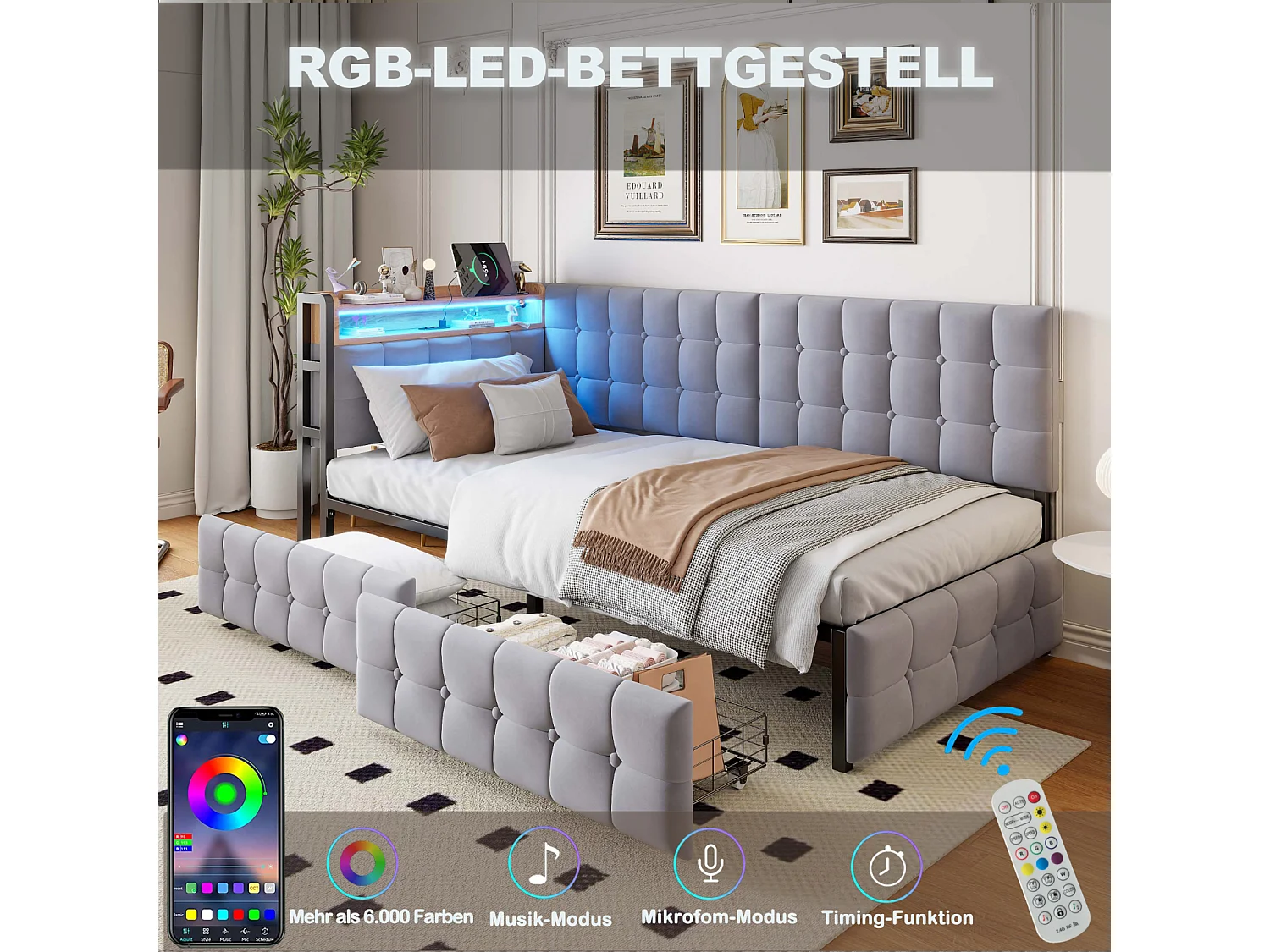 Divano letto trasformabile 90x200 cm con cassetti portaoggetti, con LED e porte USB/USB-C, grigio