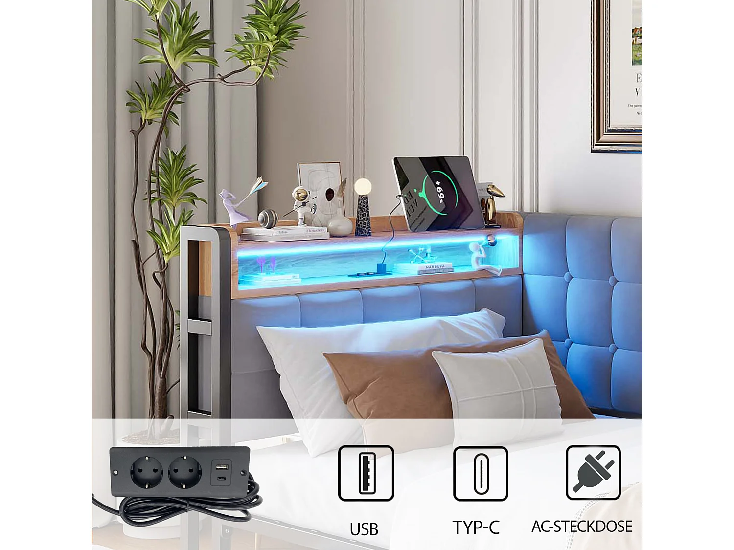 Divano letto trasformabile 90x200 cm con cassetti portaoggetti, con LED e porte USB/USB-C, grigio