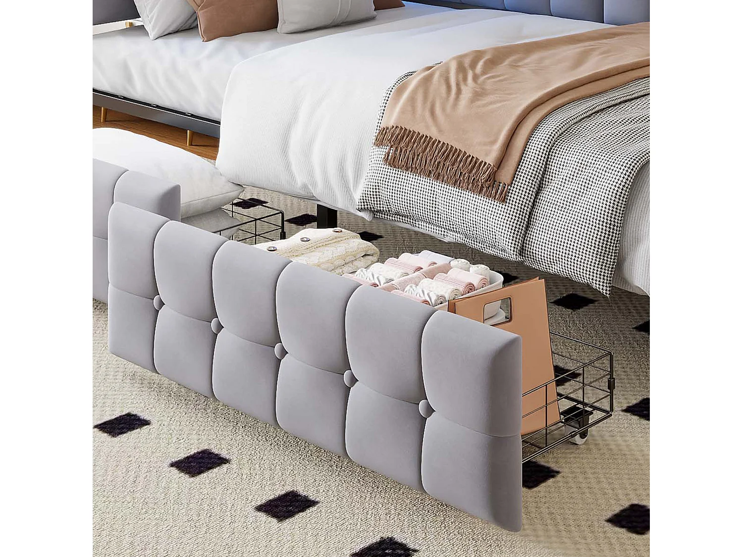 Divano letto trasformabile 90x200 cm con cassetti portaoggetti, con LED e porte USB/USB-C, grigio