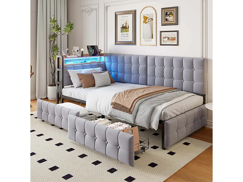 Divano letto trasformabile 90x200 cm con cassetti portaoggetti, con LED e porte USB/USB-C, grigio