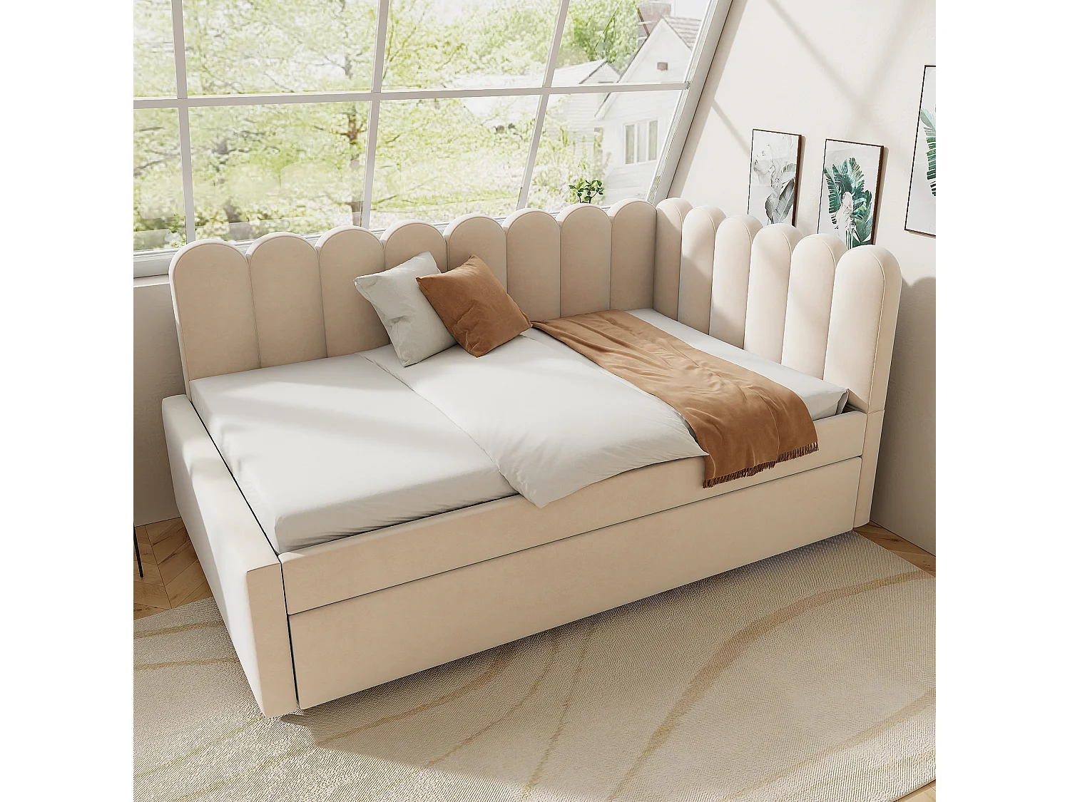 Lit 140x200 avec lit gigogne 90x190, Lit Banquette 2 Places avec sommier à Lattes, Velours, Beige