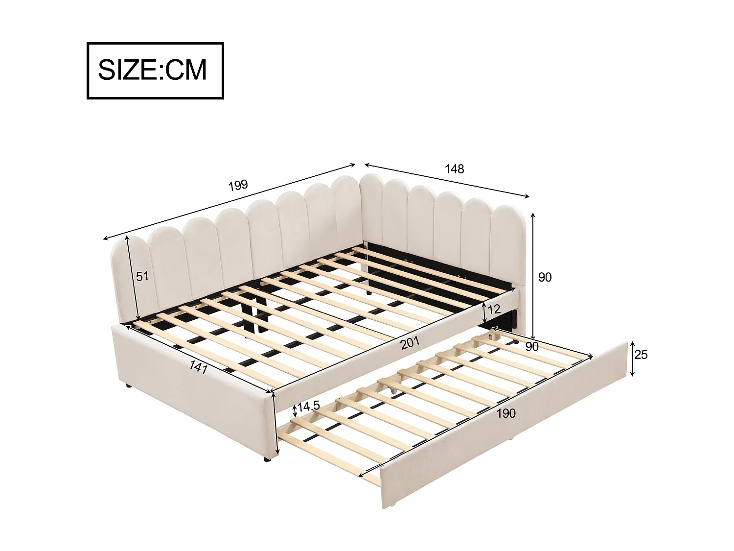 Lit 140x200 avec lit gigogne 90x190, Lit Banquette 2 Places avec sommier à Lattes, Velours, Beige