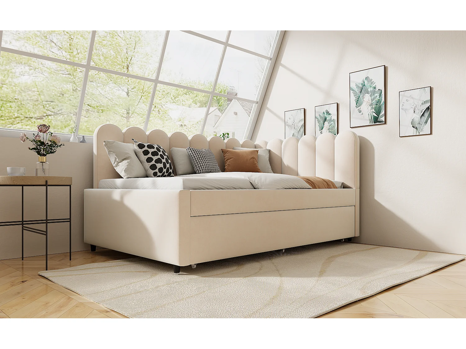 Lit 140x200 avec lit gigogne 90x190, Lit Banquette 2 Places avec sommier à Lattes, Velours, Beige