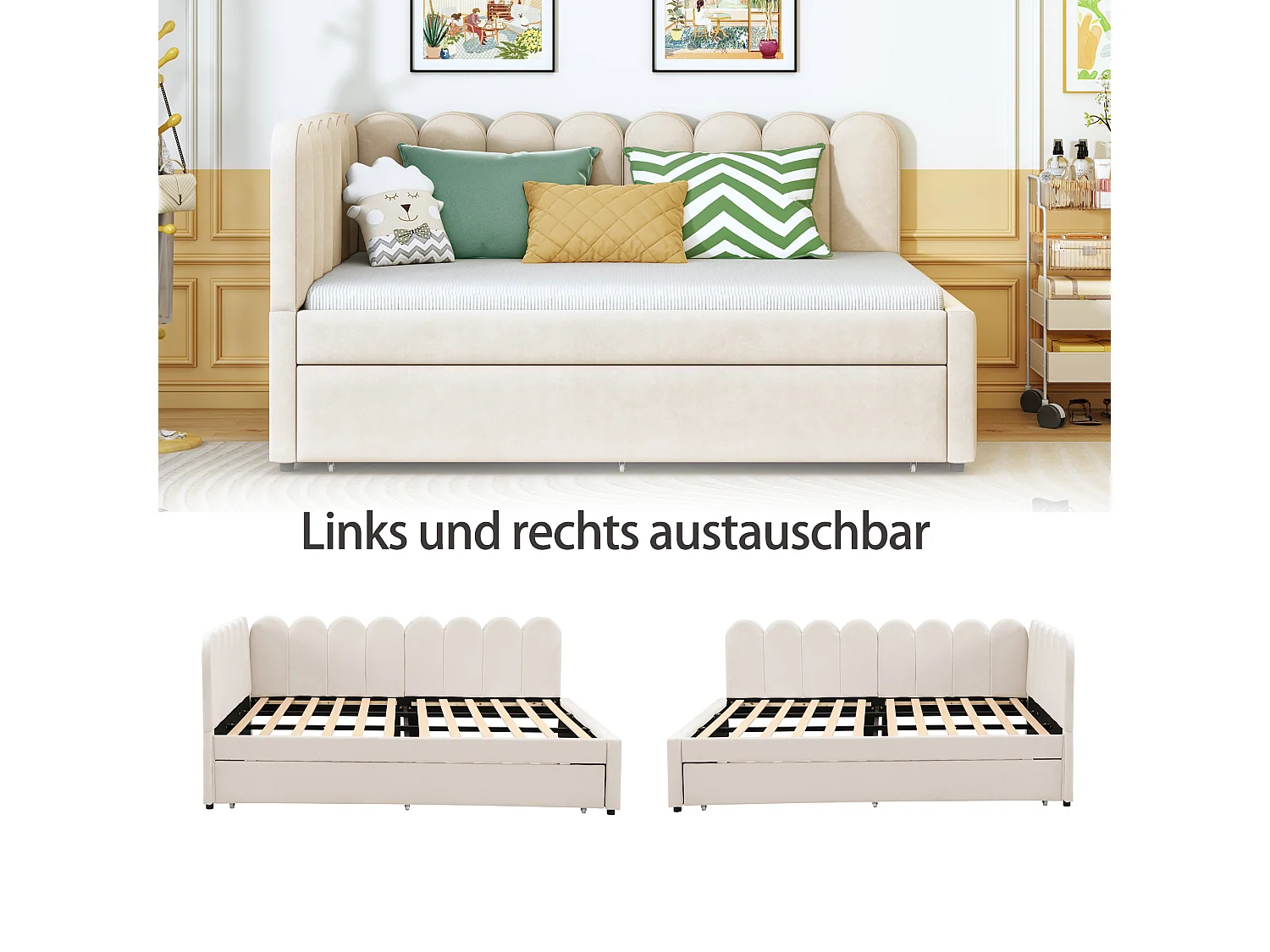 Lit 140x200 avec lit gigogne 90x190, Lit Banquette 2 Places avec sommier à Lattes, Velours, Beige