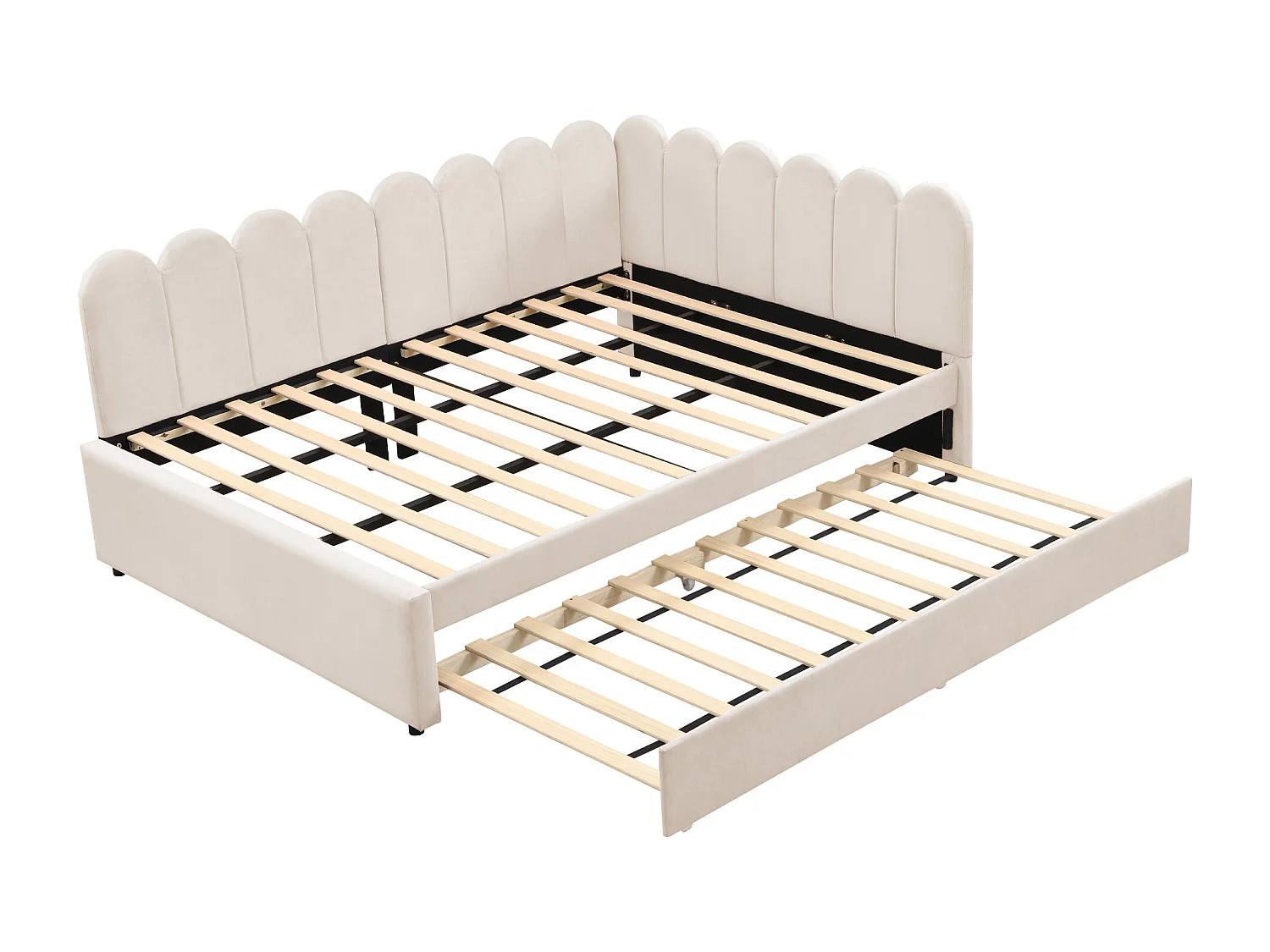 Lit 140x200 avec lit gigogne 90x190, Lit Banquette 2 Places avec sommier à Lattes, Velours, Beige