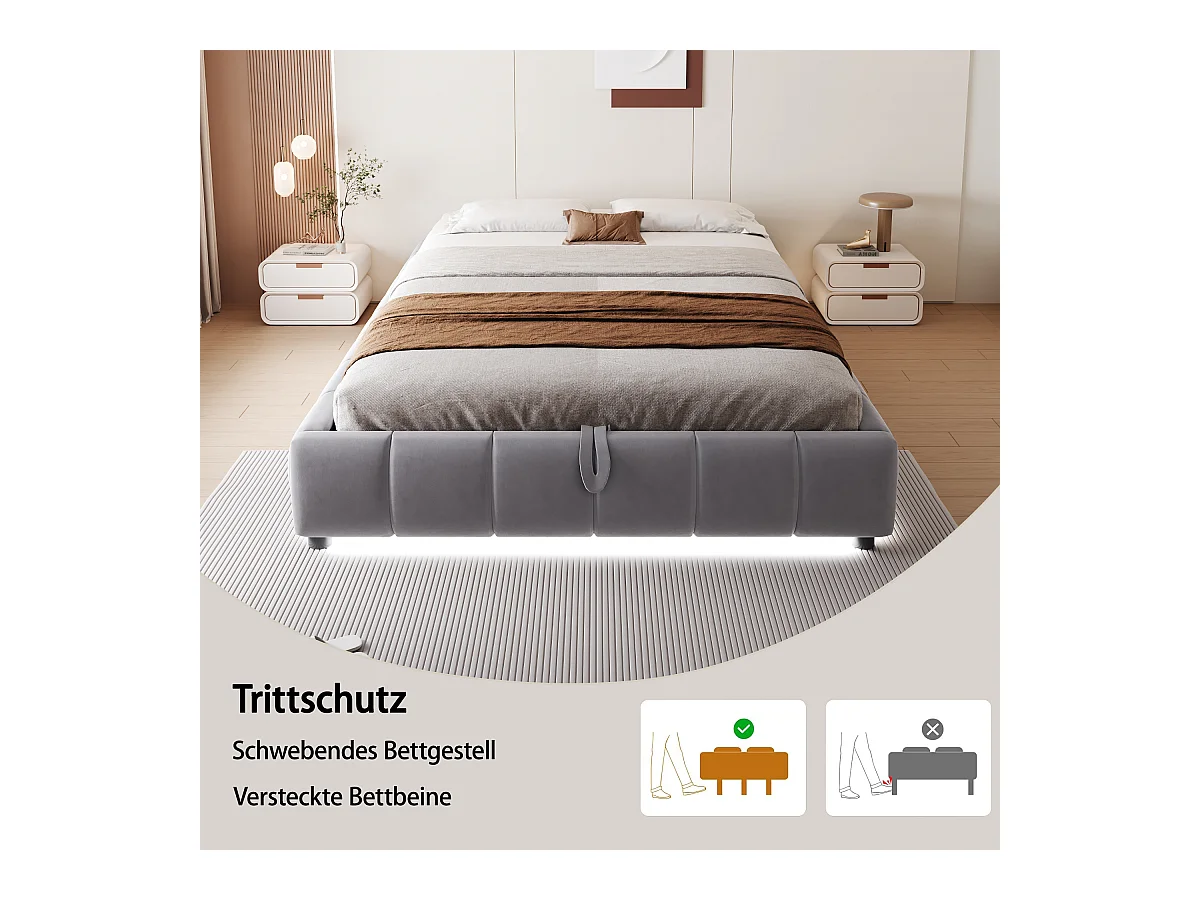Lit capitonné, 140 x 200 cm, avec espace de rangement, avec LED, lit double sans tête de lit, Gris