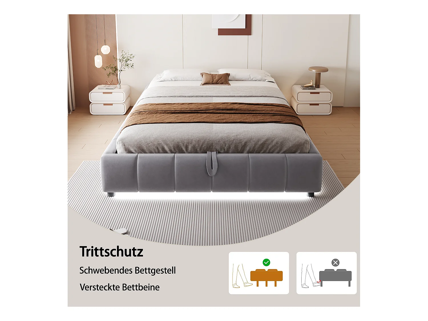 Lit capitonné, 140 x 200 cm, avec espace de rangement, avec LED, lit double sans tête de lit, Gris