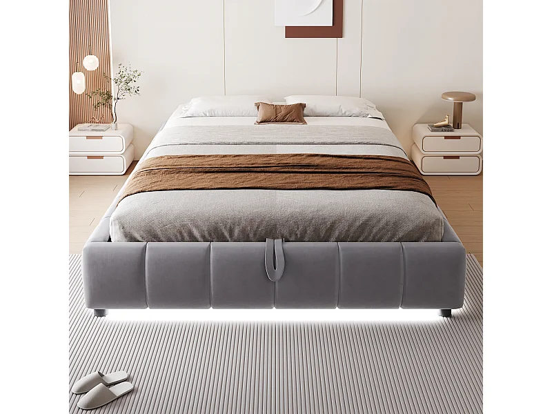 Gestoffeerd bed, 140 x 200 cm, met opbergruimte, met LED, tweepersoonsbed zonder hoofdbord, Grijs