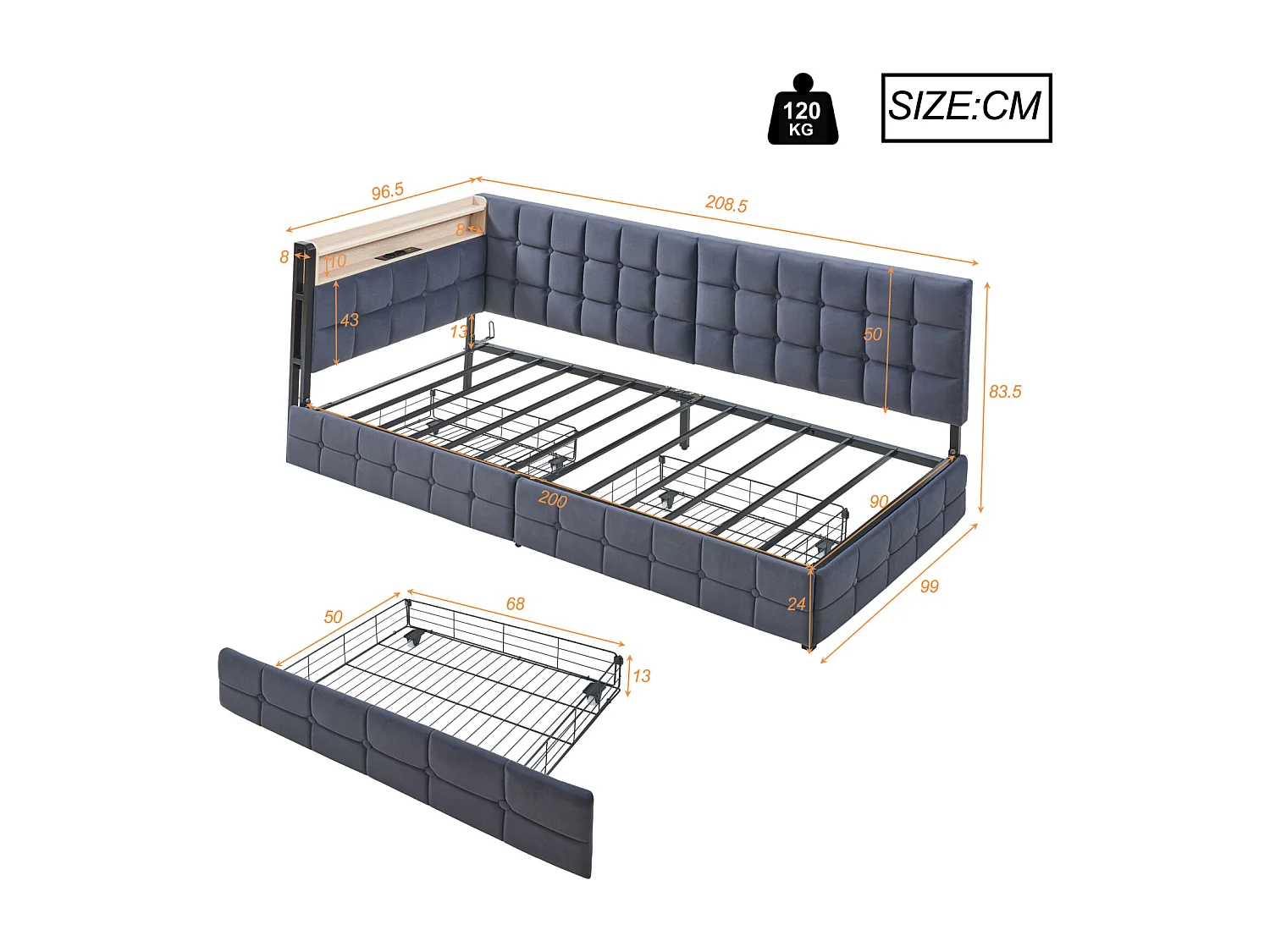 Divano letto trasformabile 90x200 cm con cassetti portaoggetti, con LED e porte USB/USB-C, grigio scuro