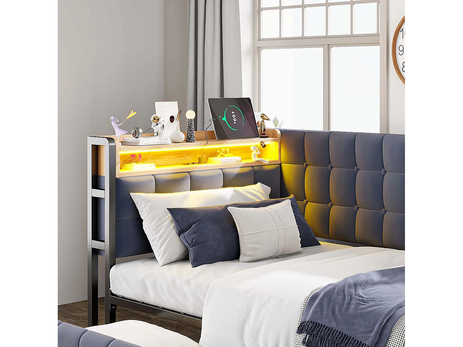 Divano letto trasformabile 90x200 cm con cassetti portaoggetti, con LED e porte USB/USB-C, grigio scuro