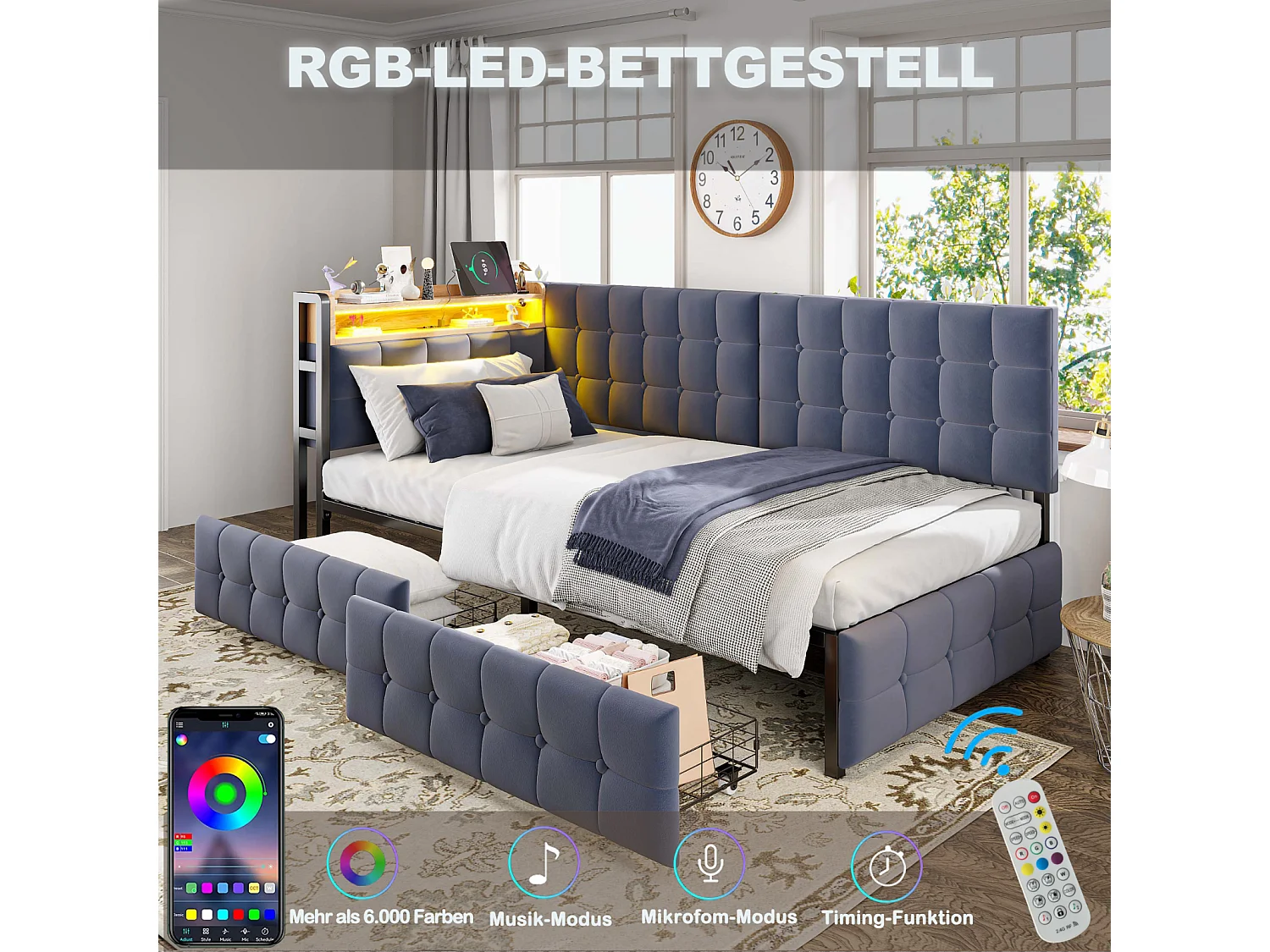 Divano letto trasformabile 90x200 cm con cassetti portaoggetti, con LED e porte USB/USB-C, grigio scuro