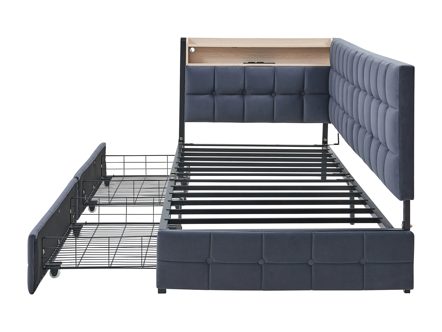 Divano letto trasformabile 90x200 cm con cassetti portaoggetti, con LED e porte USB/USB-C, grigio scuro