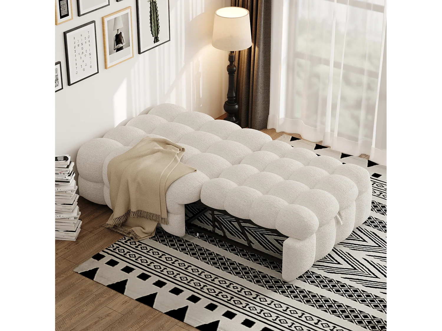 Lit rembourré 183 x 76 x 42 cm, 2 en 1 Canapé-lit Convertible, Bed Frame Simple, Lit Pouf, beige