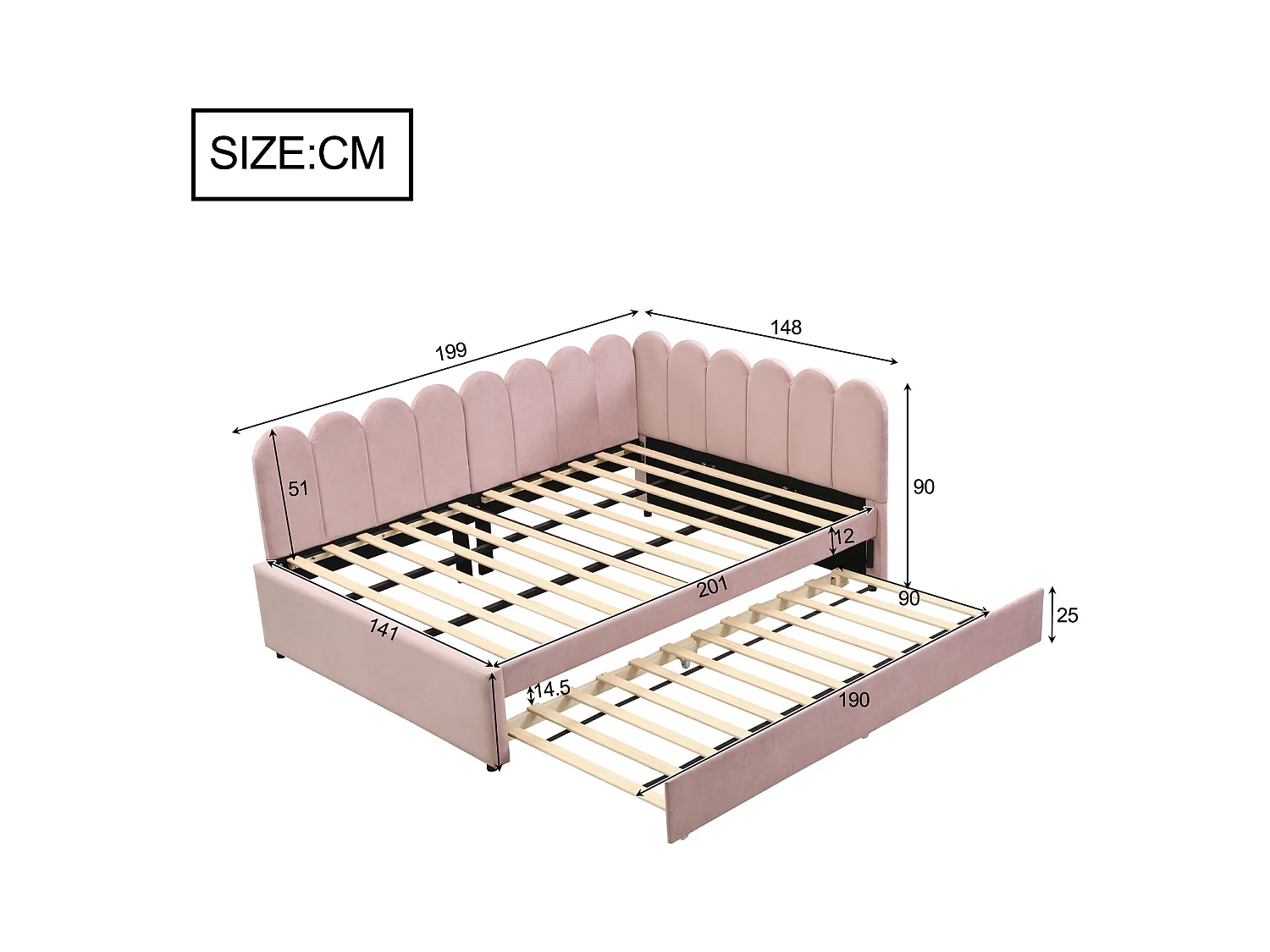 Cama de 140x200 con cama nido de 90x190, sofá cama de 2 plazas con somier de láminas, terciopelo, rosa
