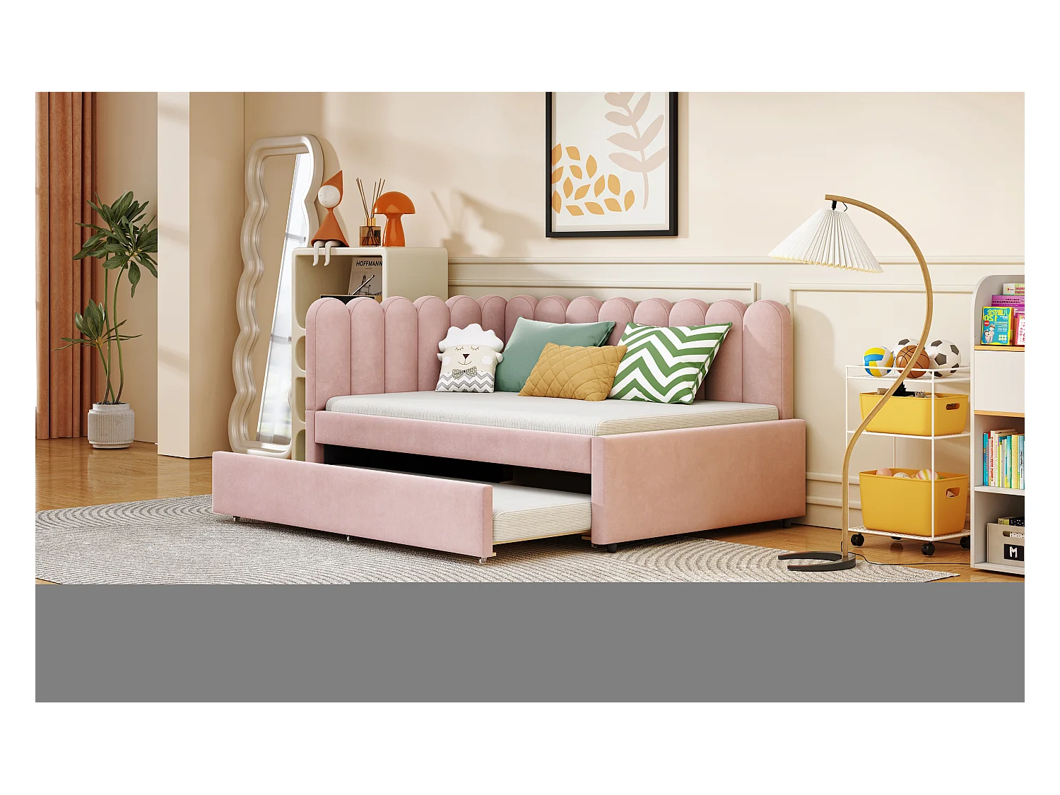 Cama de 140x200 con cama nido de 90x190, sofá cama de 2 plazas con somier de láminas, terciopelo, rosa