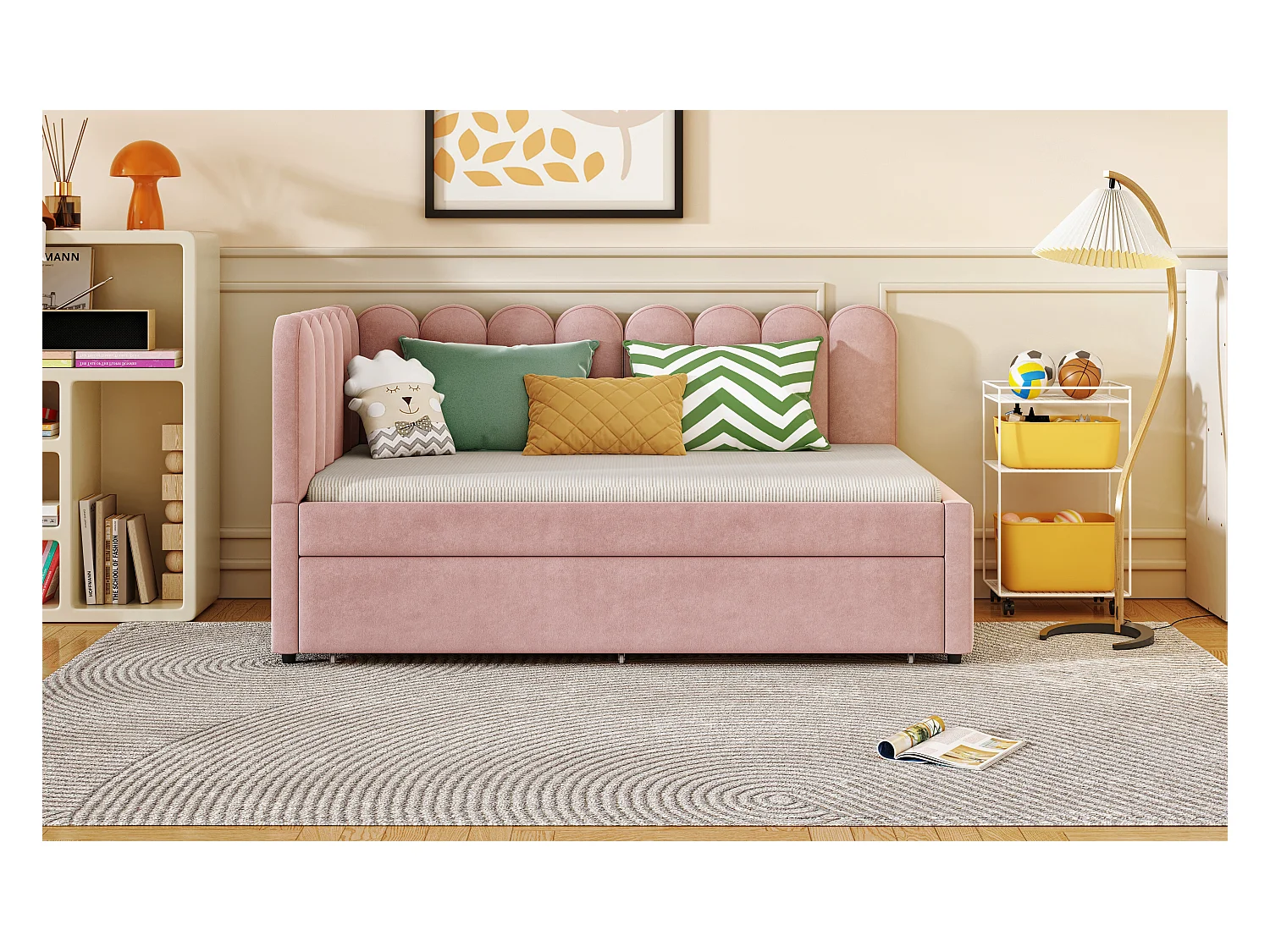 Cama de 140x200 con cama nido de 90x190, sofá cama de 2 plazas con somier de láminas, terciopelo, rosa