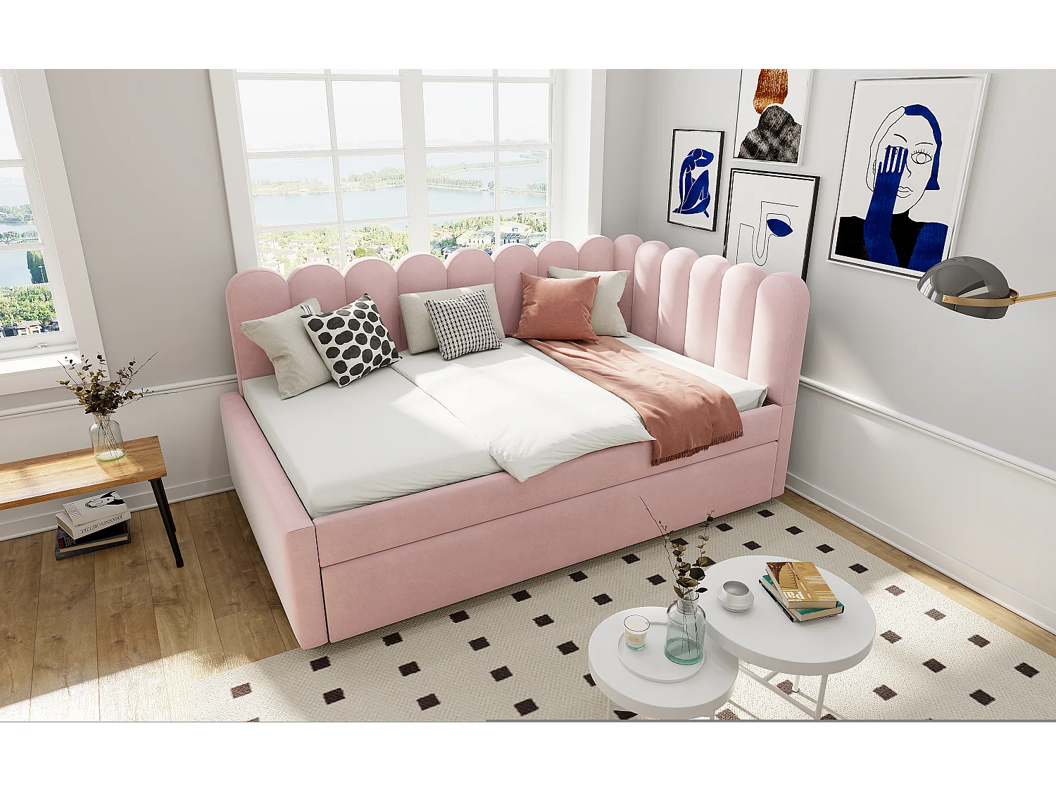 Cama de 140x200 con cama nido de 90x190, sofá cama de 2 plazas con somier de láminas, terciopelo, rosa