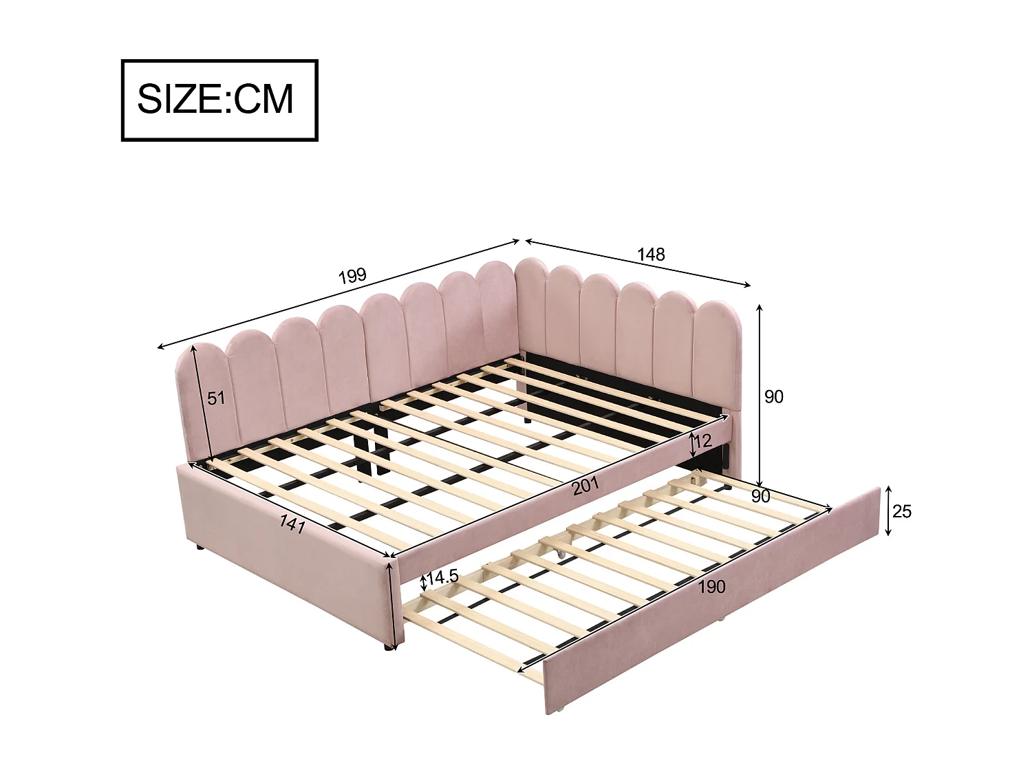 Lit 140x200 avec lit gigogne 90x190, Lit Banquette 2 Places avec sommier à Lattes, Velours, Rose