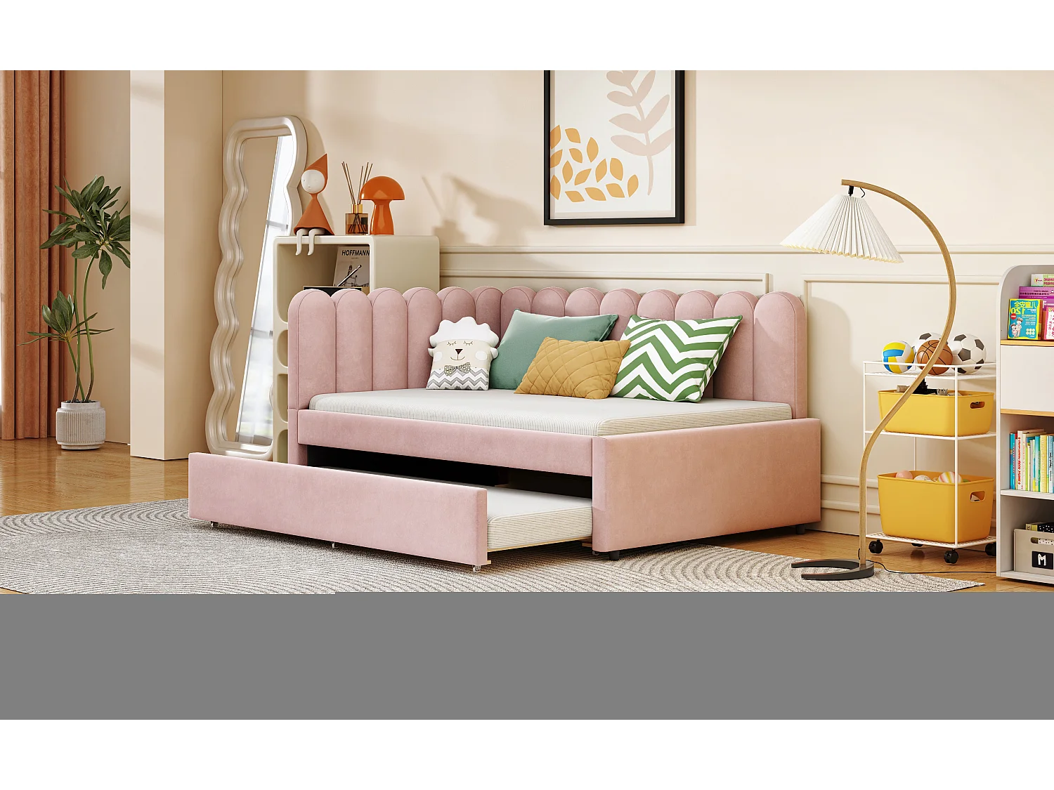 Lit 140x200 avec lit gigogne 90x190, Lit Banquette 2 Places avec sommier à Lattes, Velours, Rose