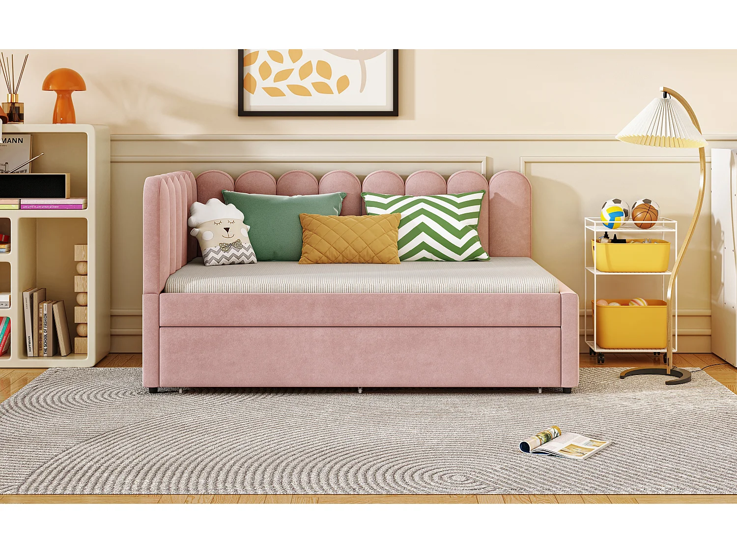 Lit 140x200 avec lit gigogne 90x190, Lit Banquette 2 Places avec sommier à Lattes, Velours, Rose