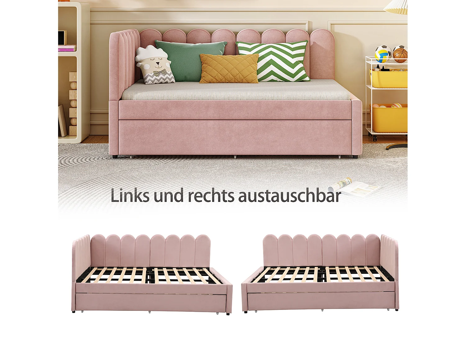 Lit 140x200 avec lit gigogne 90x190, Lit Banquette 2 Places avec sommier à Lattes, Velours, Rose