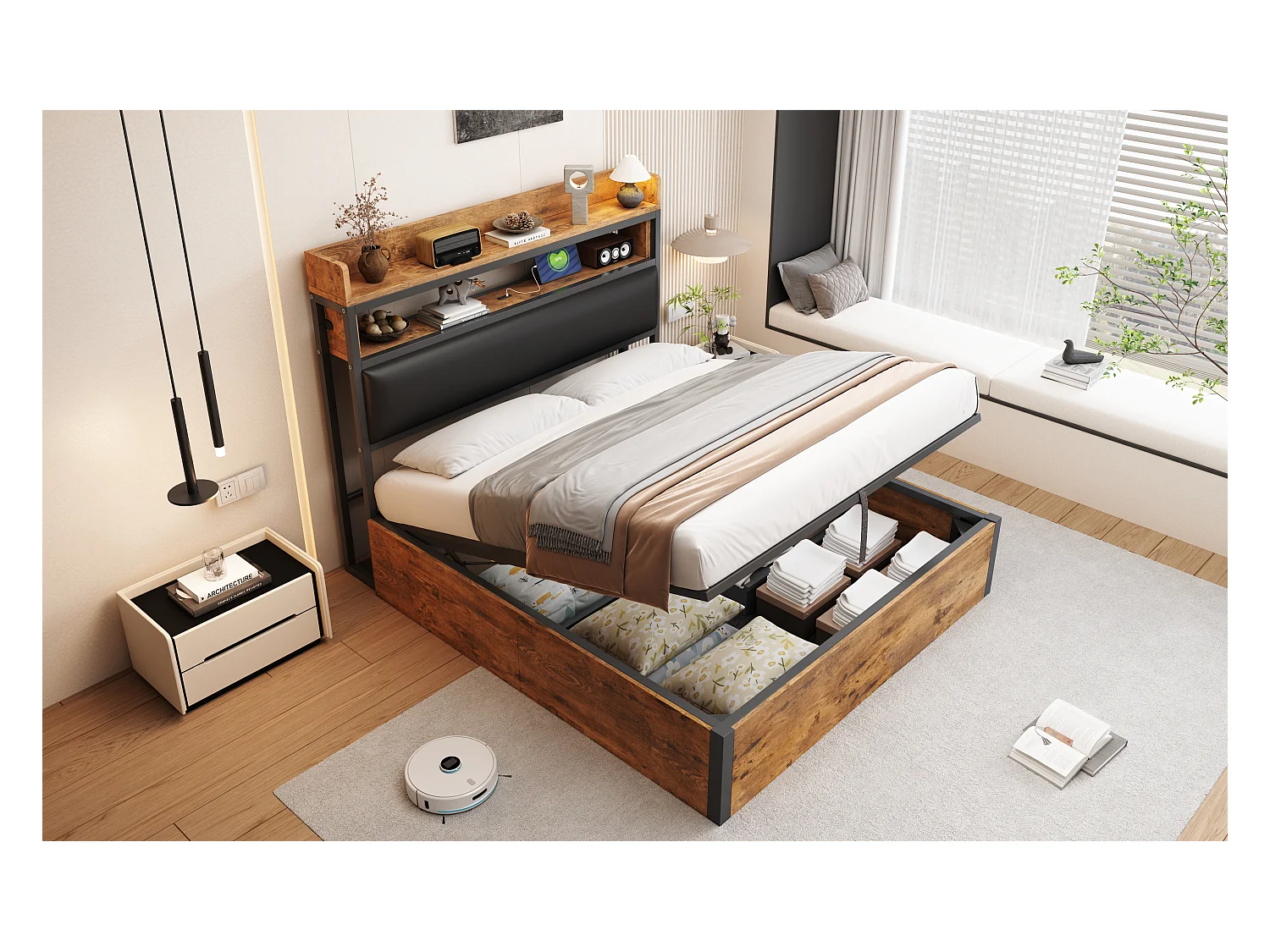 Cama doble tapizada con USB y espacio de almacenamiento, 140 x 200 cm, base de láminas, color negro