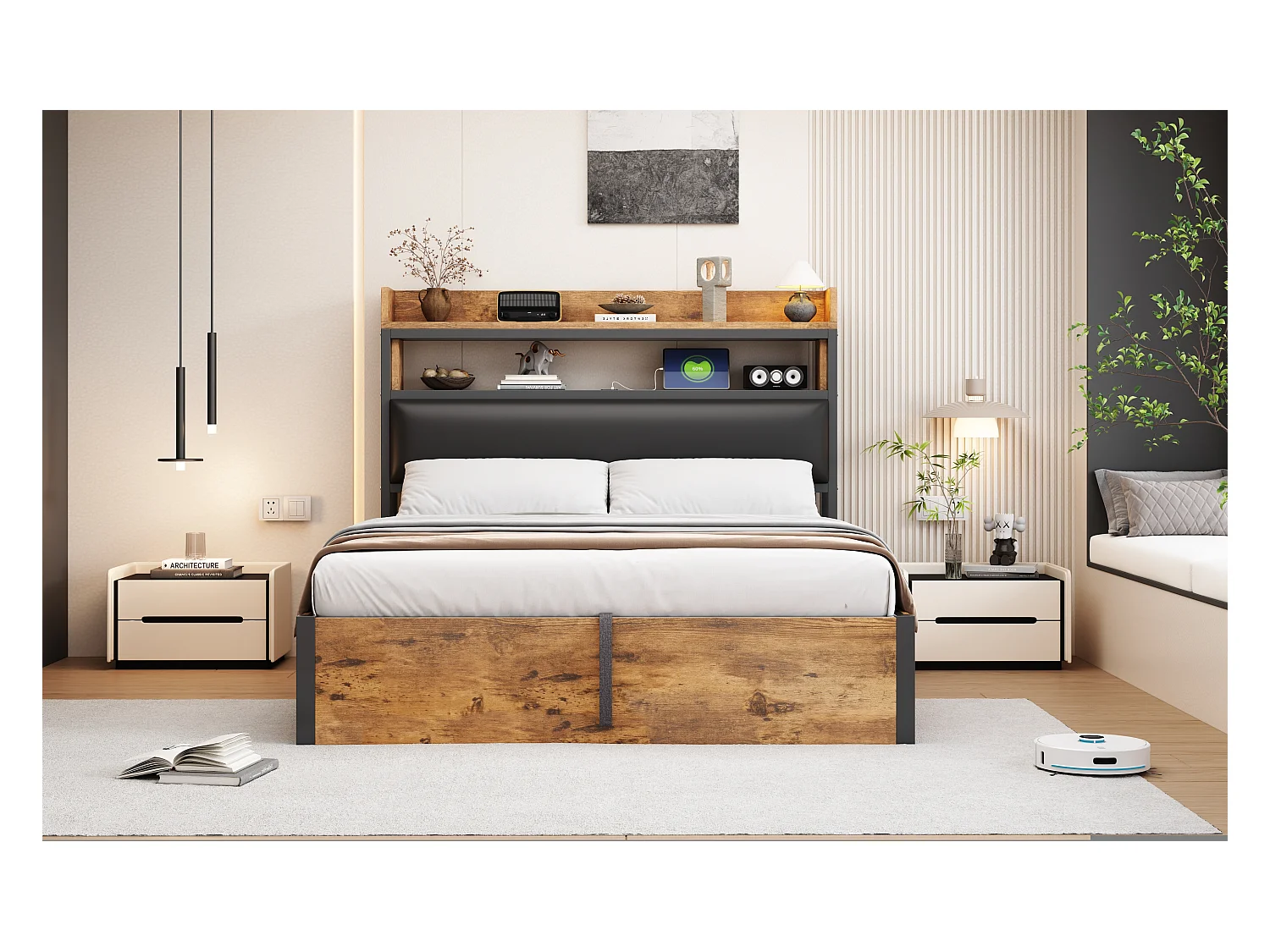 Cama doble tapizada con USB y espacio de almacenamiento, 140 x 200 cm, base de láminas, color negro