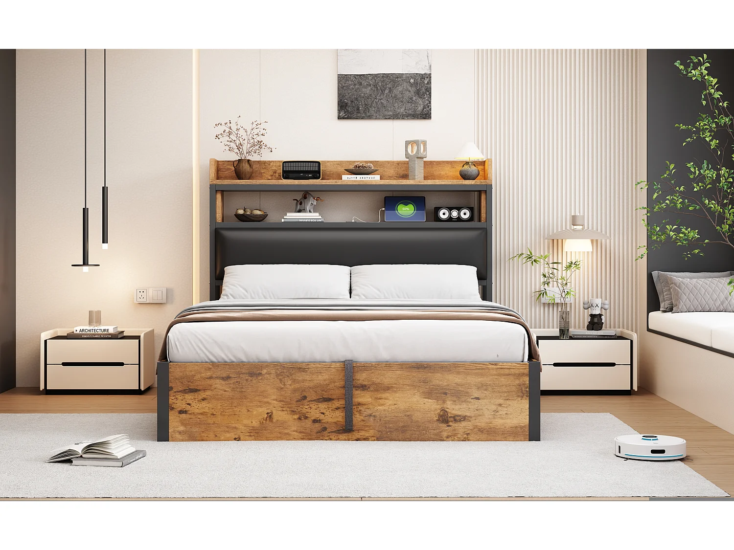 Cama de casal estofada com porta USB e espaço de armazenamento, 140 x 200 cm, base ripada, preta.