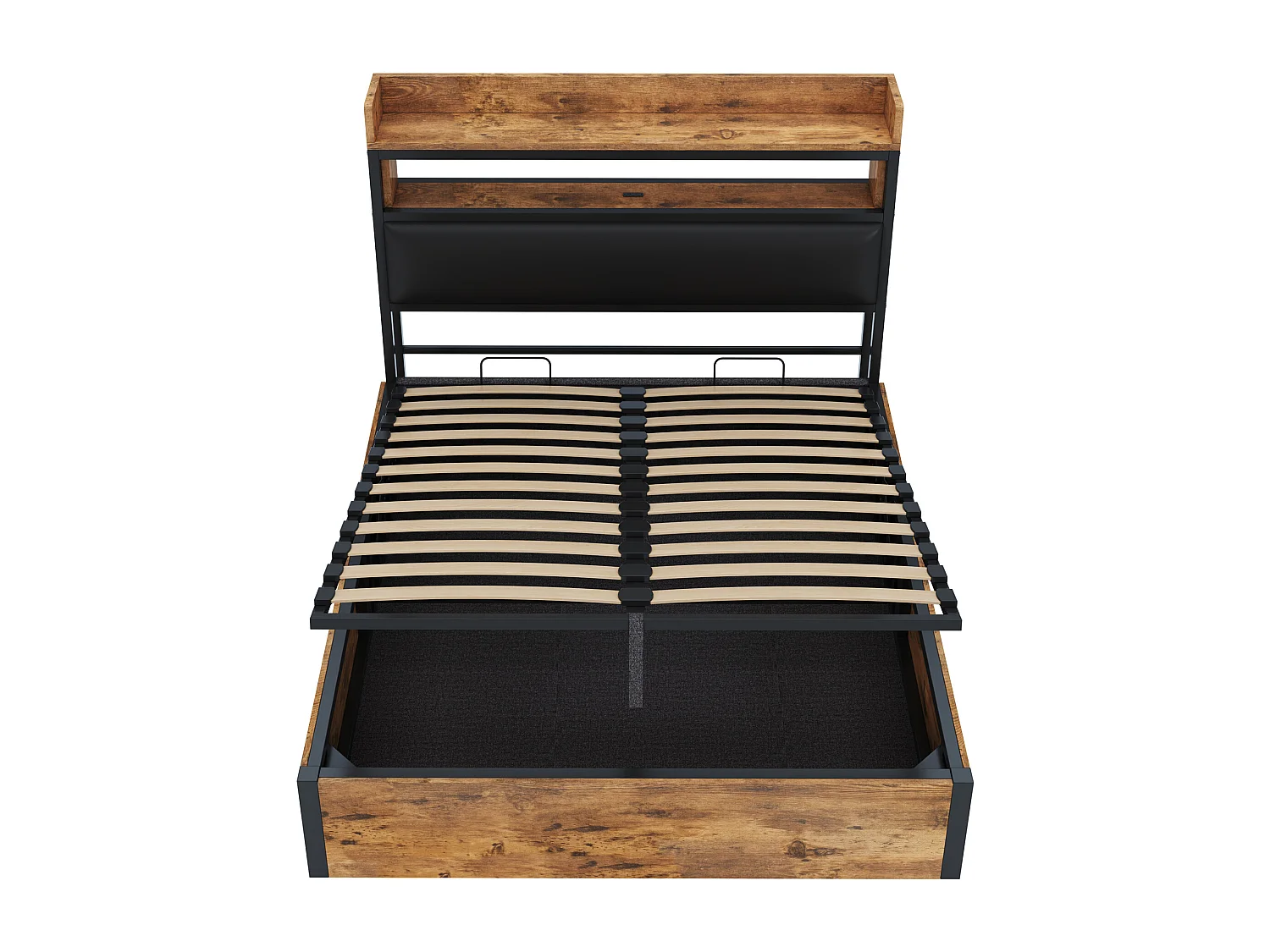 Cama de casal estofada com porta USB e espaço de armazenamento, 140 x 200 cm, base ripada, preta.