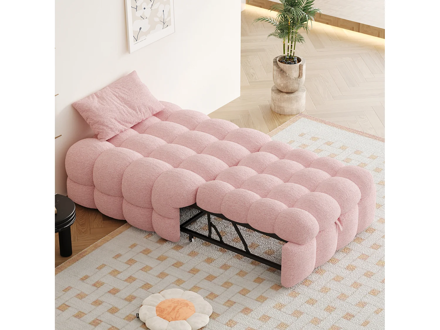 Lit rembourré 183 x 76 x 42 cm, 2 en 1 Canapé-lit Convertible, Bed Frame Simple, Lit Pouf, Rose