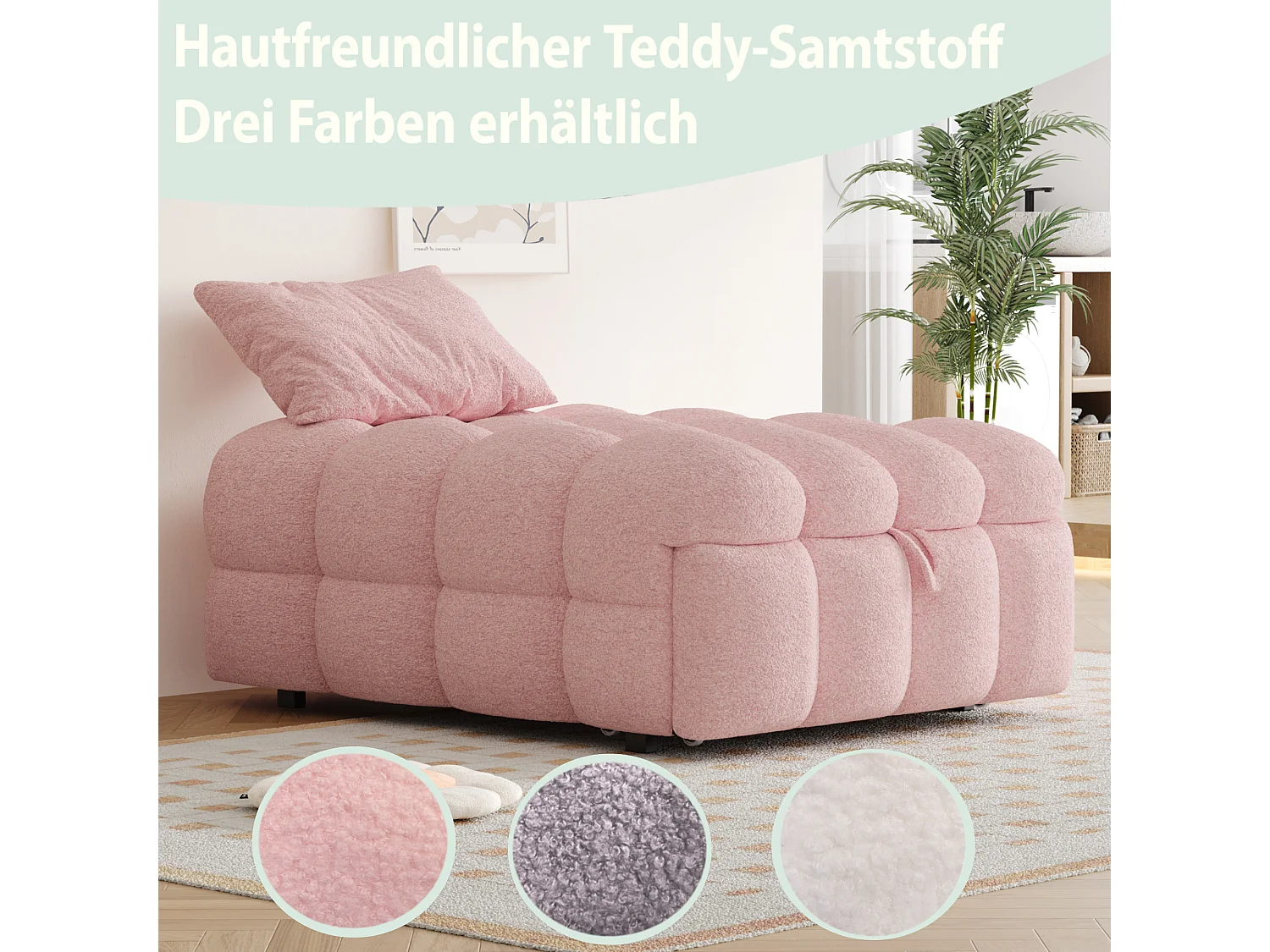 Lit rembourré 183 x 76 x 42 cm, 2 en 1 Canapé-lit Convertible, Bed Frame Simple, Lit Pouf, Rose