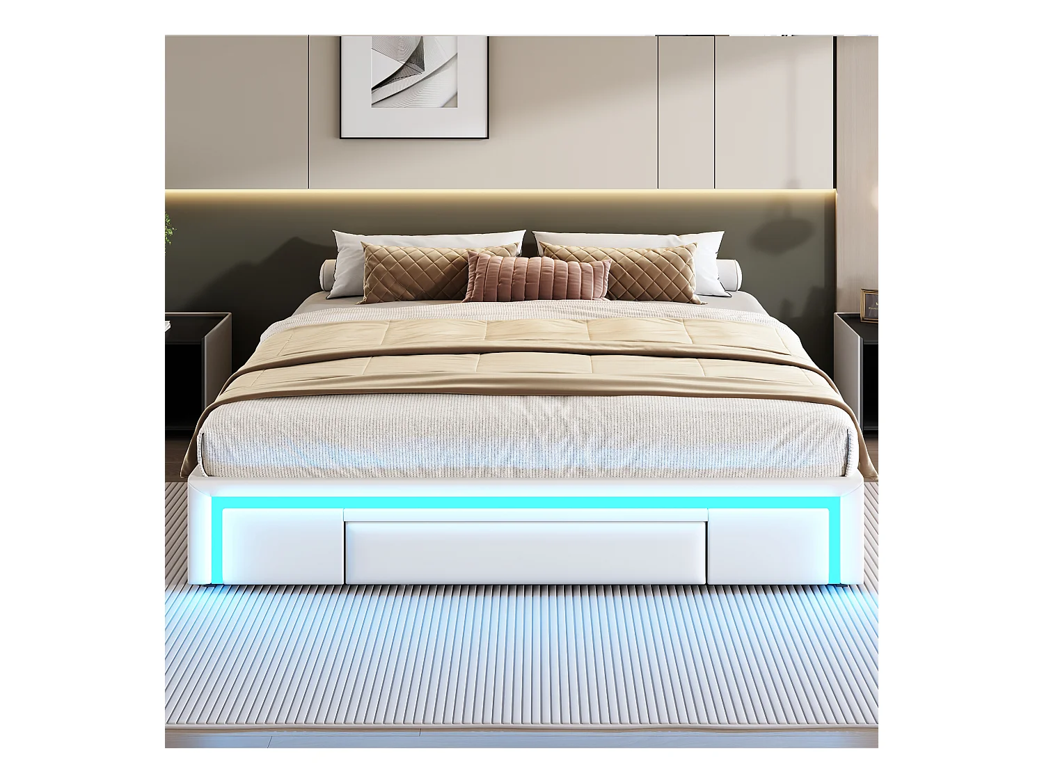 Bed 180x200 cm met lades, met LED, tweepersoonsbed met metalen lattenbodem, zonder hoofdeinde, beige