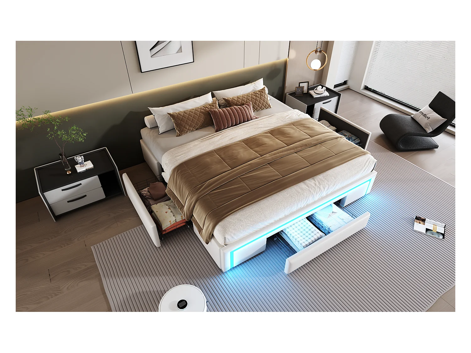 Bed 180x200 cm met lades, met LED, tweepersoonsbed met metalen lattenbodem, zonder hoofdeinde, beige