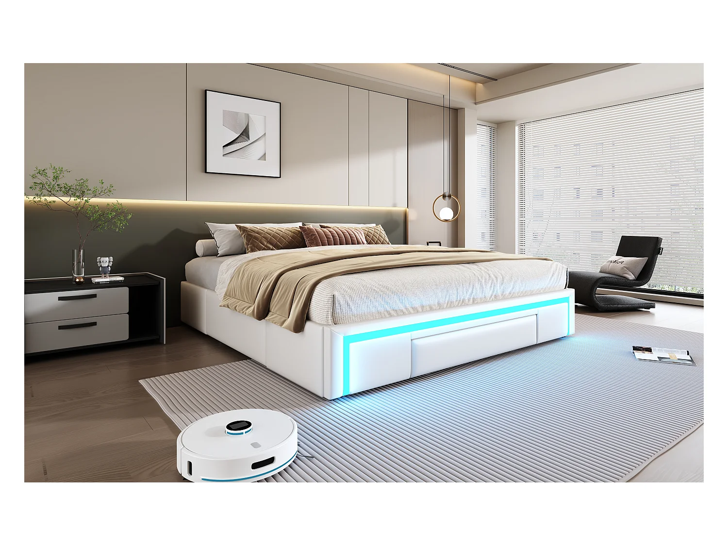 Bed 180x200 cm met lades, met LED, tweepersoonsbed met metalen lattenbodem, zonder hoofdeinde, beige