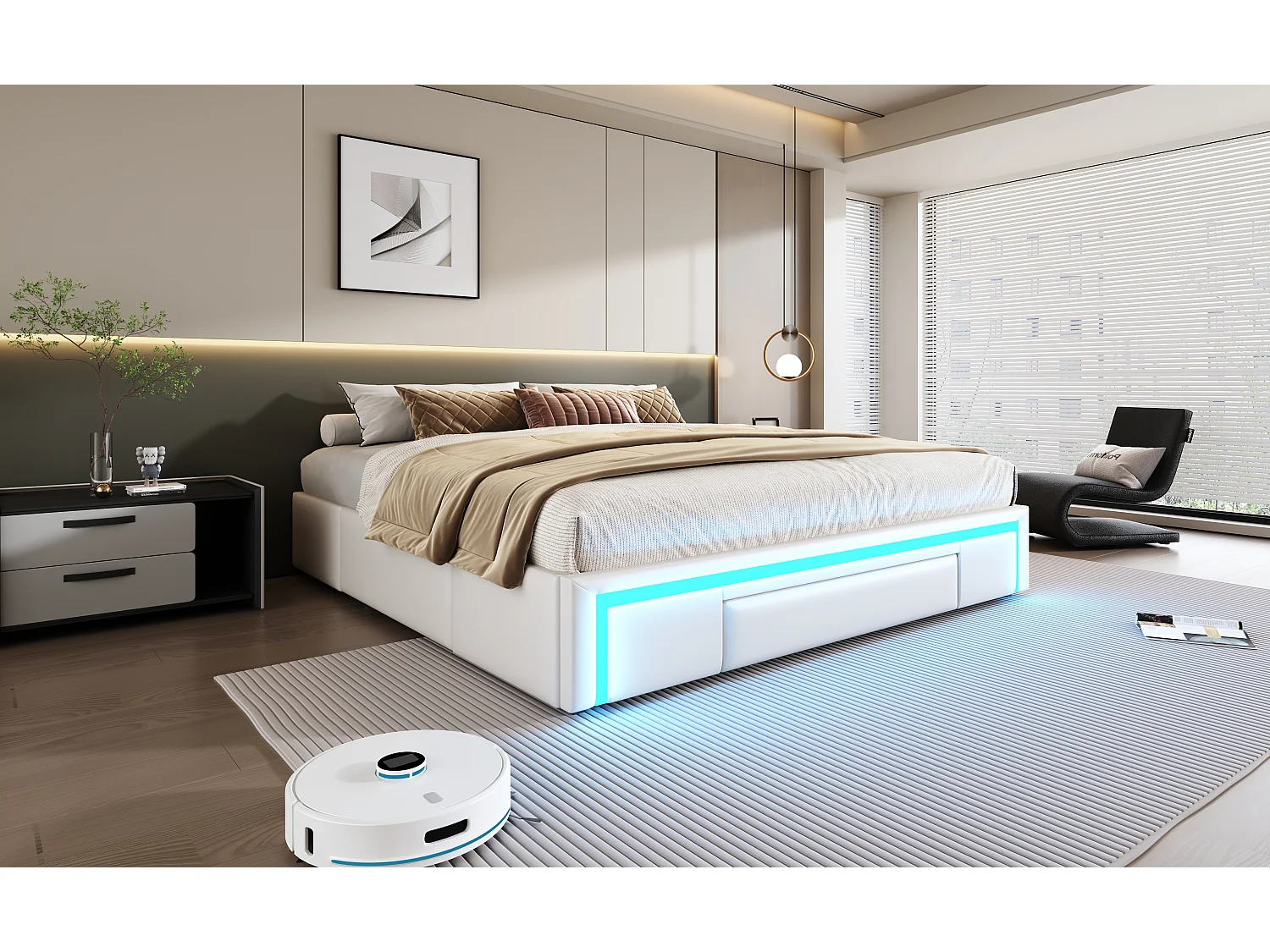 Letto 180x200 cm con cassetti, con LED, Letto matrimoniale con doghe in metallo, senza testiera, Beige