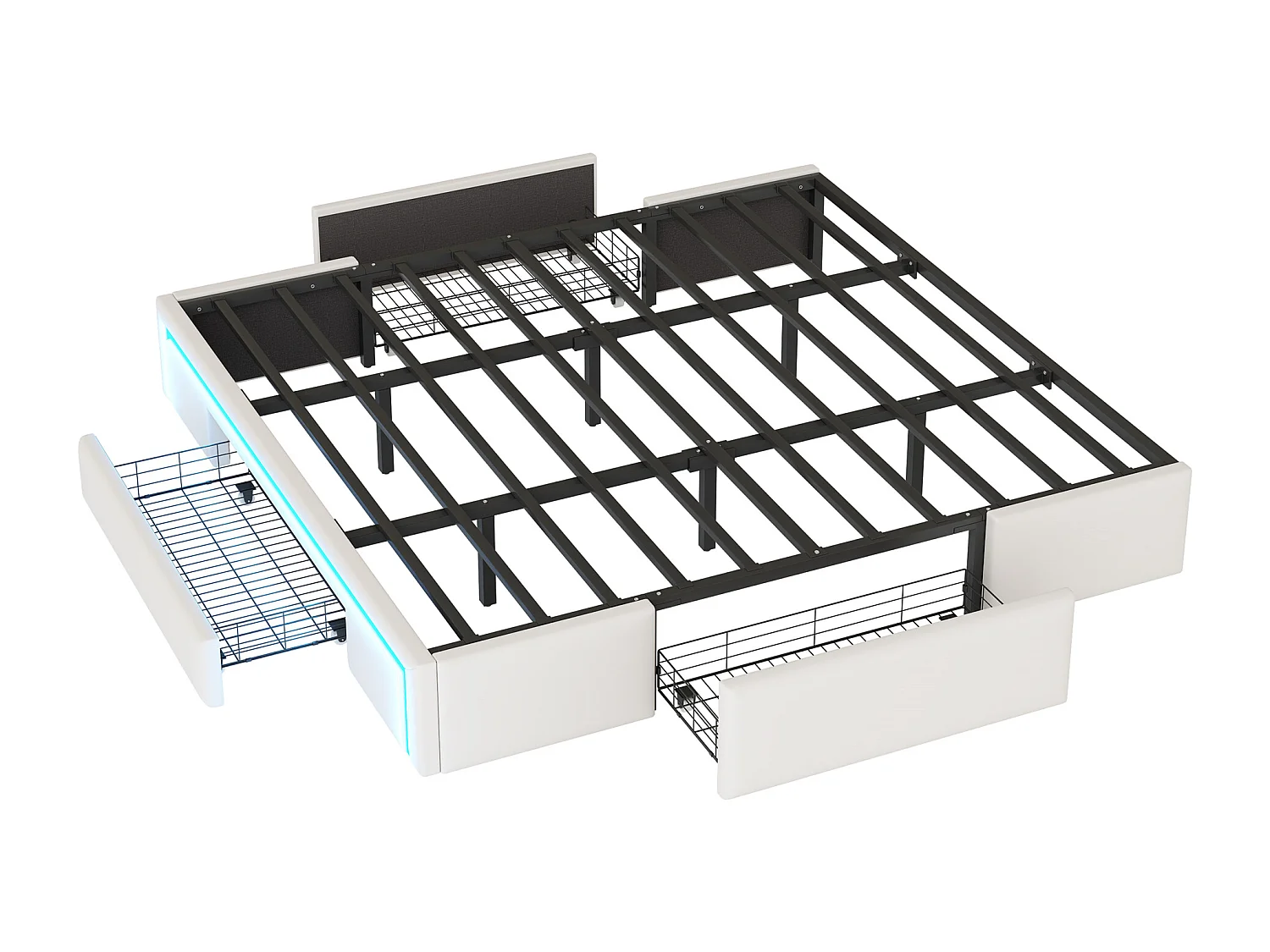 Letto 180x200 cm con cassetti, con LED, Letto matrimoniale con doghe in metallo, senza testiera, Beige