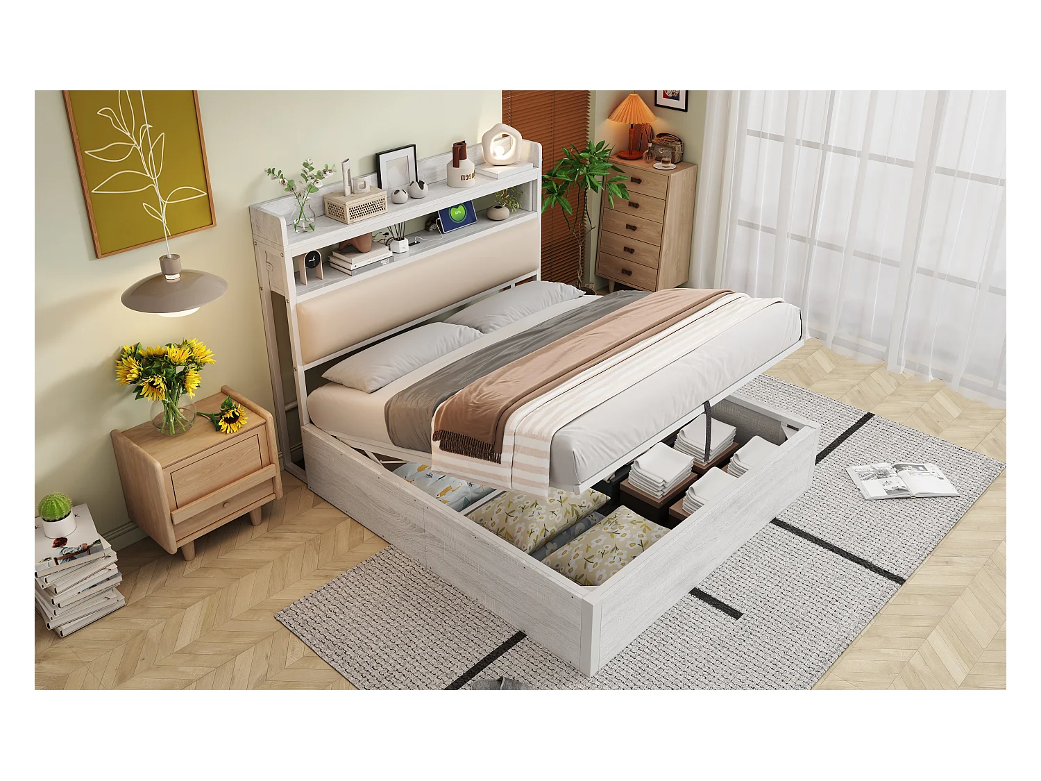 Cama doble tapizada con USB y espacio de almacenaje, 140 x 200 cm, somier de láminas, color blanco