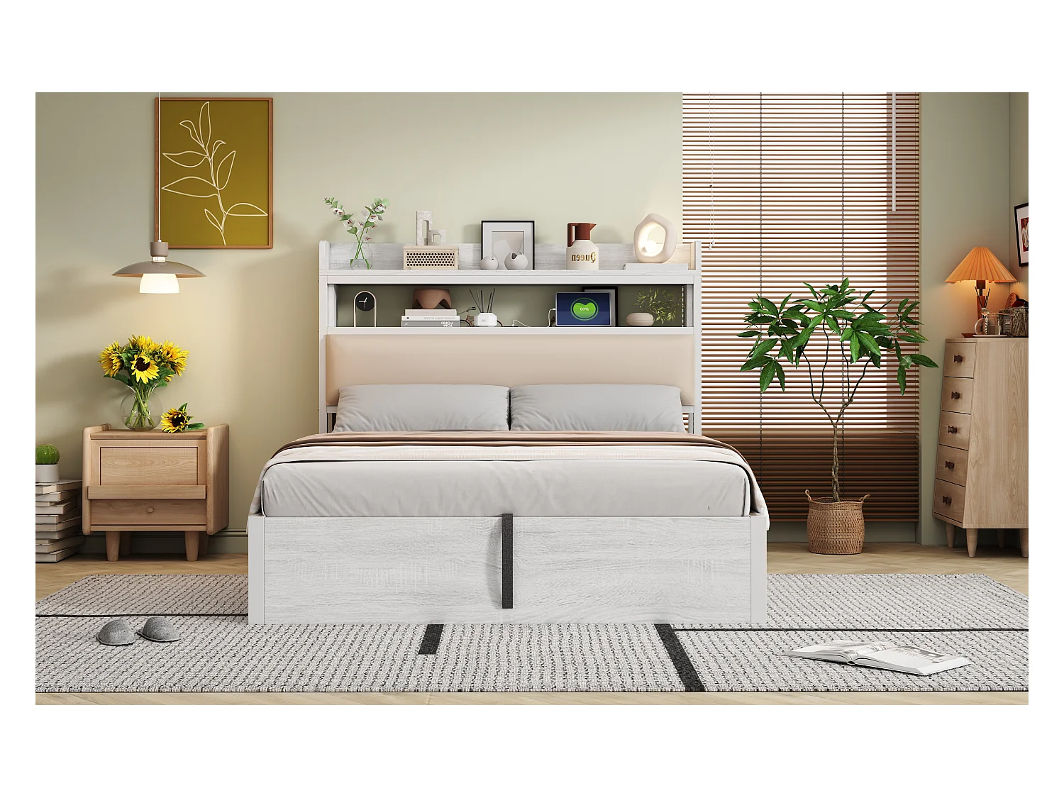 Cama doble tapizada con USB y espacio de almacenaje, 140 x 200 cm, somier de láminas, color blanco