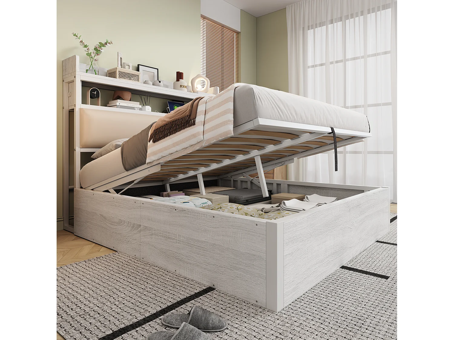 Cama doble tapizada con USB y espacio de almacenaje, 140 x 200 cm, somier de láminas, color blanco