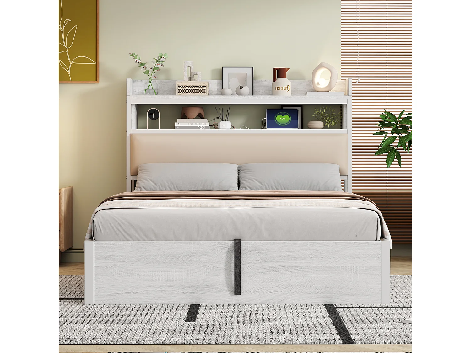 Cama doble tapizada con USB y espacio de almacenaje, 140 x 200 cm, somier de láminas, color blanco