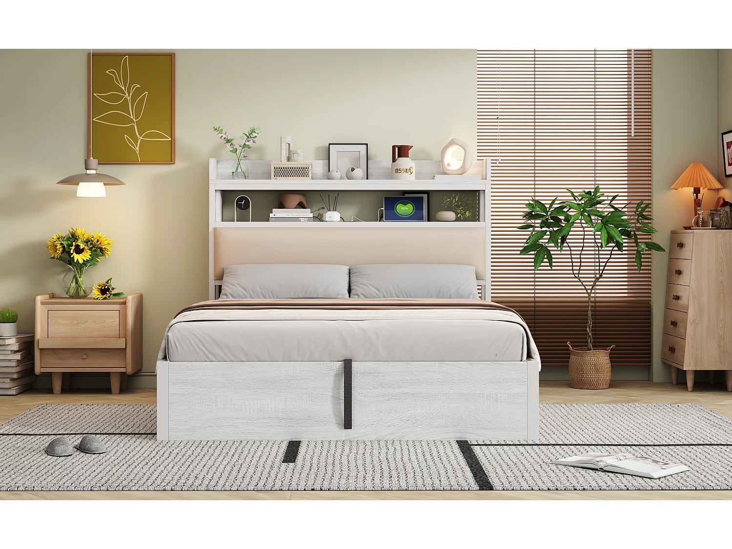 Cama doble tapizada con USB y espacio de almacenaje, 140 x 200 cm, somier de láminas, color blanco