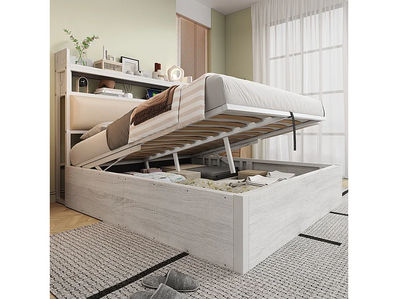 Cama de casal estofada com USB, com espaço de armazenamento, 140 x 200 cm, estrado de ripas, branco