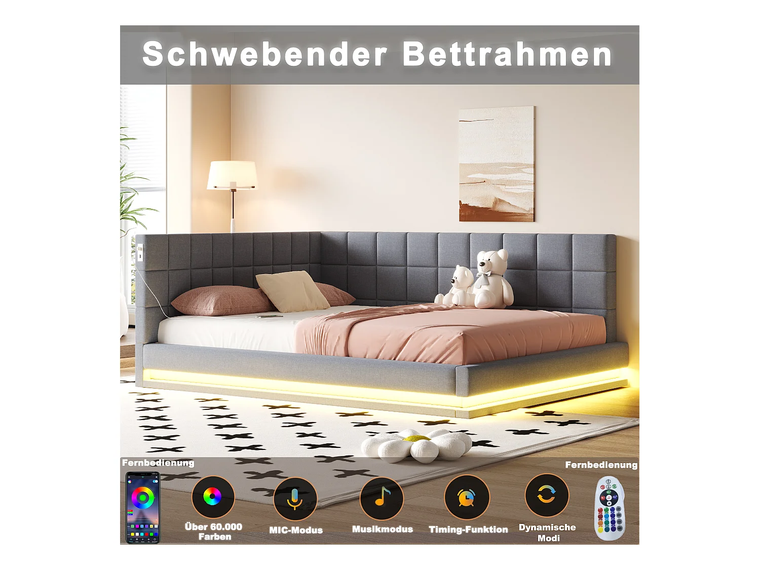 Lit rembourré avec LED et USB, cadre de lit avec sommier à lattes, lit de repos, Grey-160 * 200cm