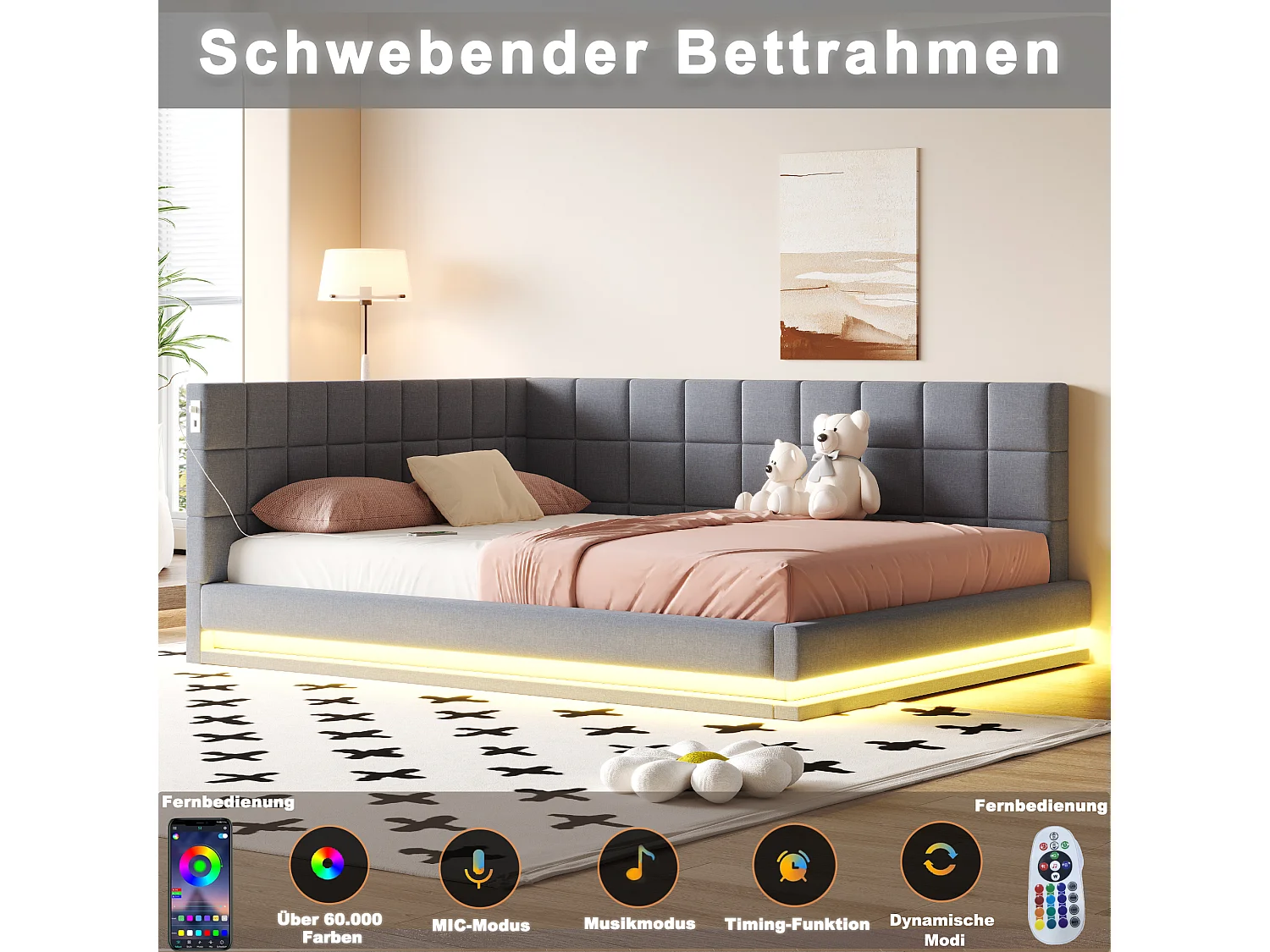 Letto imbottito con LED e USB, struttura letto con rete a doghe, divano letto, grigio - 160*200 cm